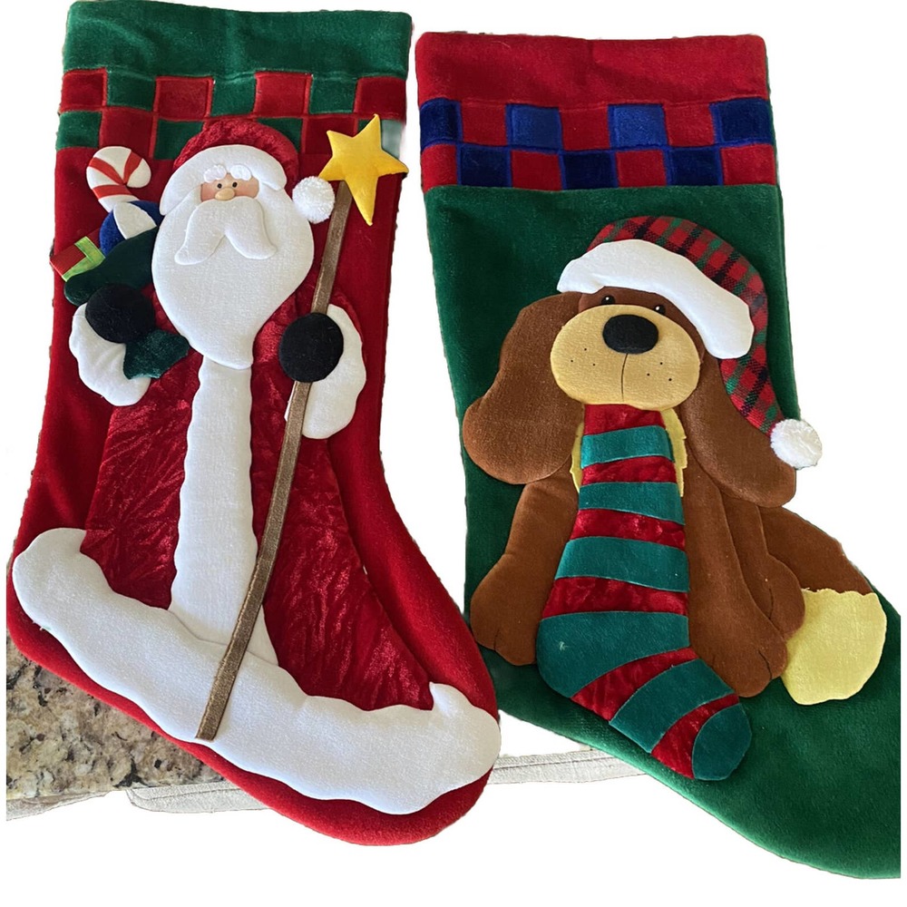 New Set/2 Velvet 2-Dimensional Christmas Holiday Stockings Santa‎ w/ Star, Puppy